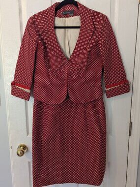 Women's Vintage Red & Cream Polka Dot Skirt Suit Set | Blazer & Pencil Skirt | S